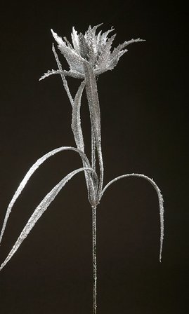 GAŁĄZKA EGZOTYCZNA Z BROKATEM gałązka kwiatowa liść sztuczny SREBRNY 28 cm