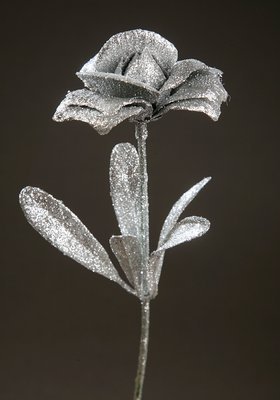 RÓŻA Z BROKATEM gałązka kwiatowa liść sztuczny SREBRNA 28cm