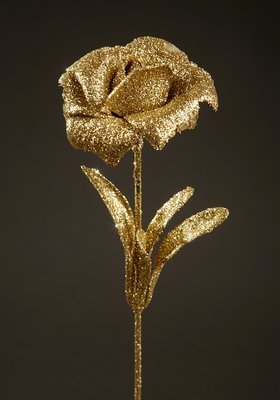 RÓŻA Z BROKATEM gałązka kwiatowa liść sztuczny ZŁOTA 28cm
