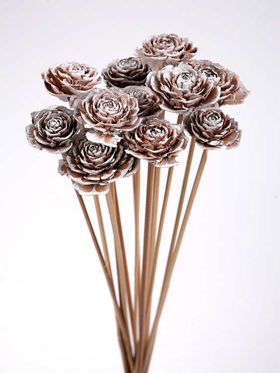 Bouquet of 6 Cedar Wood Roses Floral Picks White