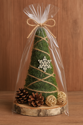 Christmas tree made of moss on a brown base, 16-30 cm