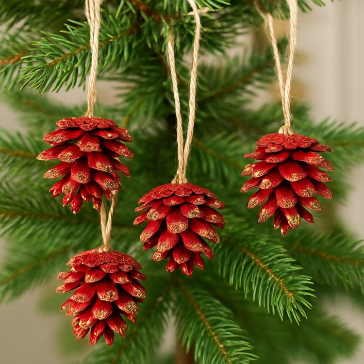 Set of 6 handmade cone-hanger - red