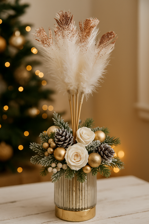 Set von 6  weißen Federn mit goldenem Brokat am Stäbchen, 34 cm