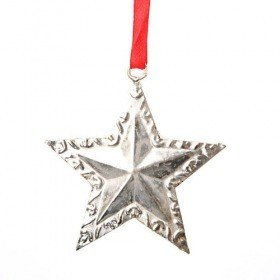 Metal star on red ribbon 8 cm