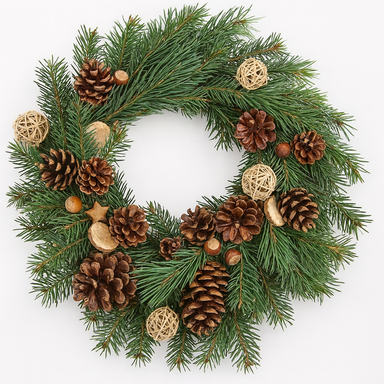 A wreath of fresh spruce needles with winter accessories, 30 cm