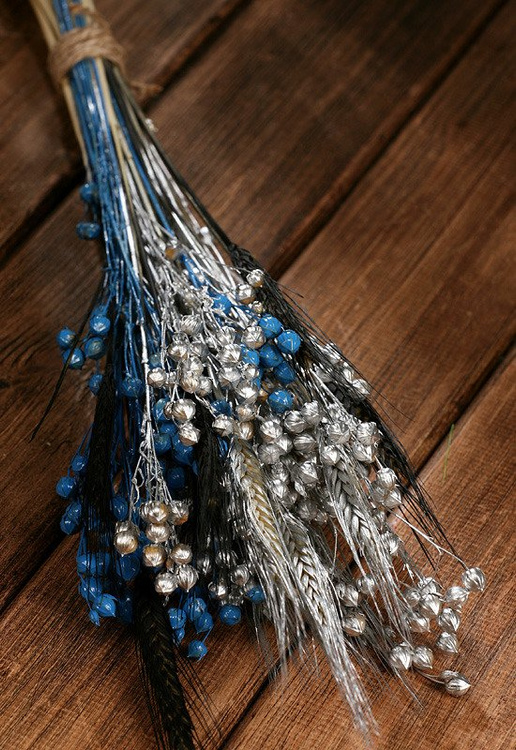 Bündel aus Graspflanzen, Getreiden und Leinen, ca. 40 cm, silbern-blau-schwarz