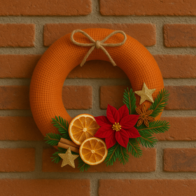 Wianek świąteczny jutowy 25 cm –pomarańczowy z klasycznymi dodatkami, gwiazda betlejemska, pomarańcze, cynamon i anyż