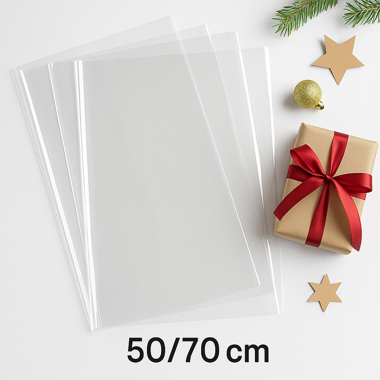 Celofan folia 50×70 cm – przeźroczysta, 50 arkuszy/opakowanie – do pakowania prezentów i dekoracji