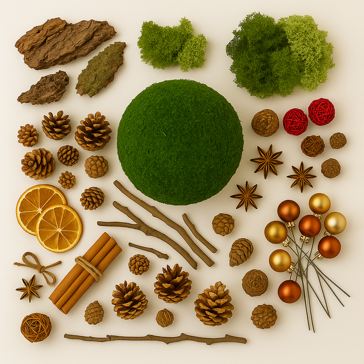 Zestaw DIY – Kula z Mchu 20 cm + Naturalne Dekoracje Leśne | Szyszki, Kora, Pomarańcze, Cynamon, Anyż, Bombki