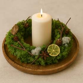 Naturalny stroik świąteczny z mchu i dodatków leśnych – dekoracja na stół