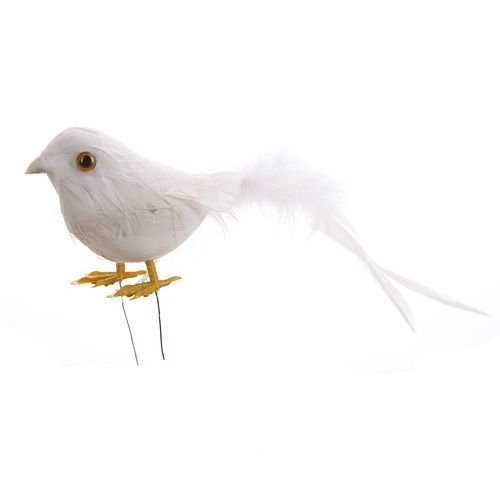 Bird made of feathers on wire, white