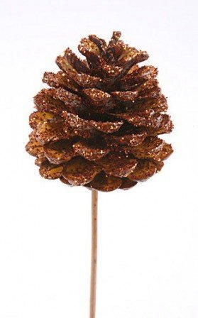 Cone on woody stick, 3 pcs/pkg, diam. 7 cm, length 50 cm, gold lacquered with glitter