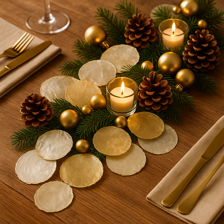 Muszle Capiz 7–11 cm 12 szt – GrandDeco  Naturalne, perłowe krążki do dekoracji świątecznych i zimowych aranżacji