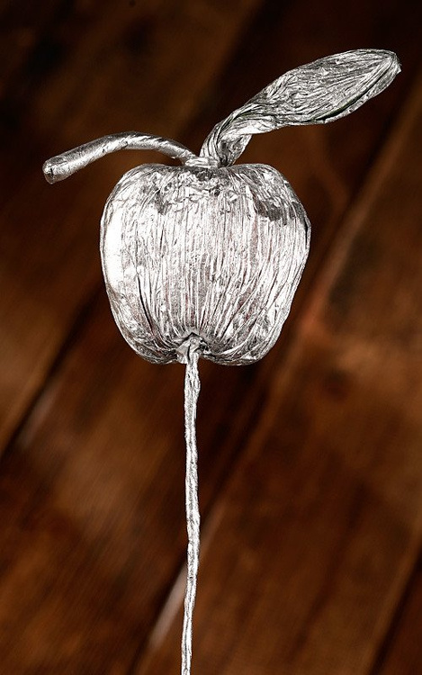 Paper apple on pick, 35 cm, silver