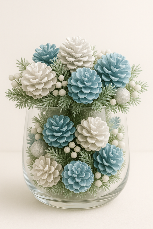 Szyszki dekoracyjne biało-niebieskie GrandDeco – 60 szt. zimowa elegancja w stylu scandi do stroików, wianków i dekoracji świątecznych