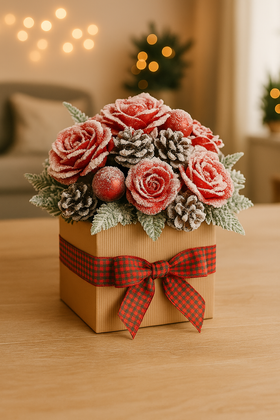 Świąteczny Flowerbox 20–25 cm z czerwonymi śnieżonymi różami i szyszkami – kolekcja GrandDeco