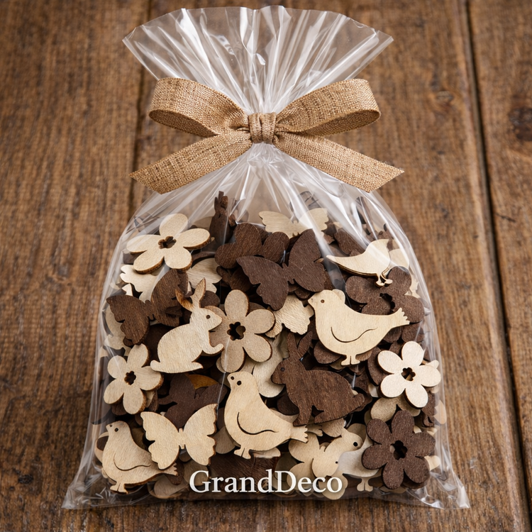 BAW SIĘ Z NAMI KOLORAMI – 48 szt. Drewniane Ozdoby 2–3 cm | Brąz & Natura | GrandDeco