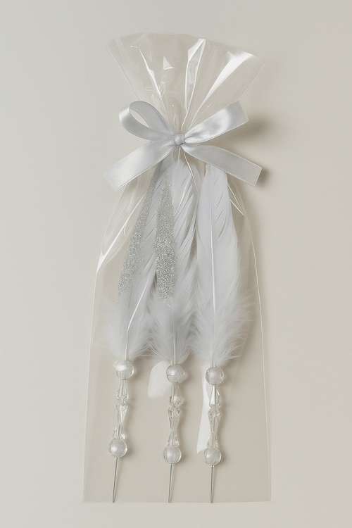 Silver feather with cristalls on stick