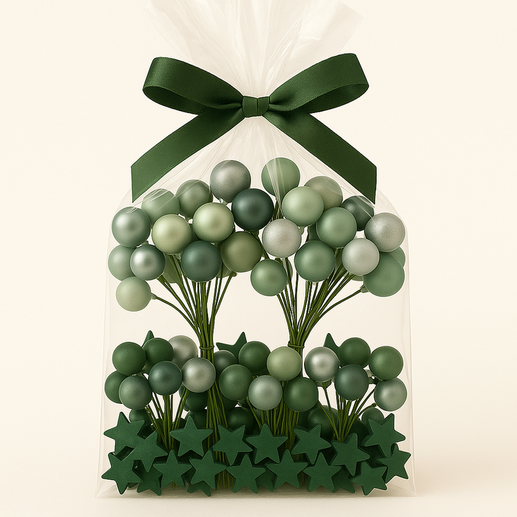 Zestaw Dekoracyjny GrandDeco – Zielone Bombki na Druciku 2–4 cm + Drewniane Gwiazdki 3 cm – Odcienie Zieleń & Srebro