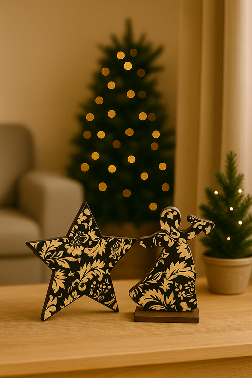 Holzengel mit goldenen Wildlederapplikationen, 15x10 cm