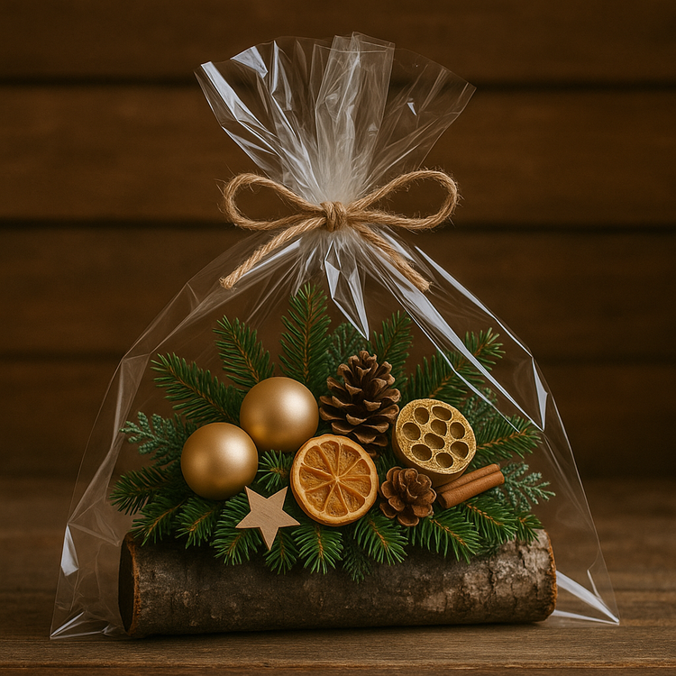 Rustykalny stroik świąteczny na dębowym polanie – złoto, brąz, natura, pomarańcze i szyszki