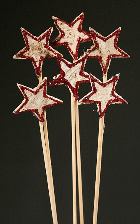 Birch stars on stick, 6 pcs/pkg, red