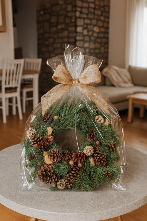 Ein Kranz aus frischen Fichtennadeln mit Winteraccessoires, 30 cm