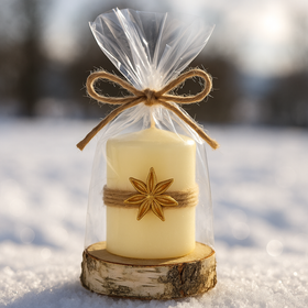 Candle. Christmas on spruce wood