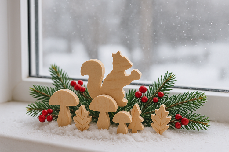 Drewniane figurki do DIY – listki, grzybki, wiewiórki – 36 szt., 2–5 cm