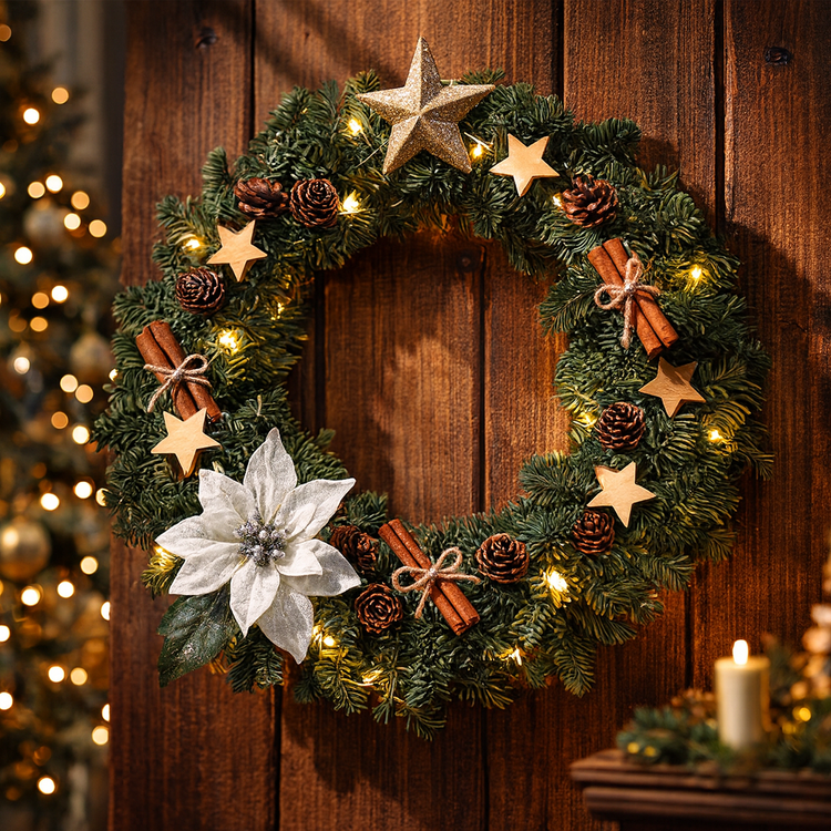 A wreath of artificial spruce decorated with LED lights diameter 30 cm