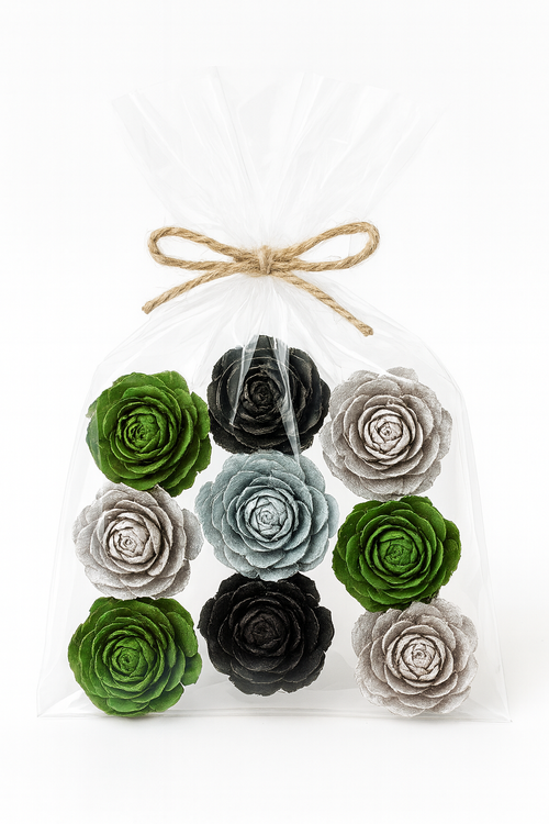 Cedar Wood Roses 6 pcs./pack heads green, silver, brown