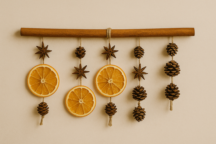 Zestaw DIY – Naturalna Girlanda z Cynamonu 40 cm, Pomarańczy, Anyżu i Szyszek | Makrama i Dekoracje Ścienne / Okienne