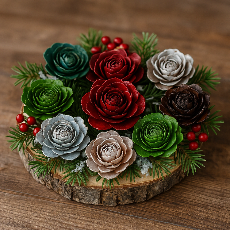 Cedar Wood Roses 6 pcs./pack heads green, silver, brown