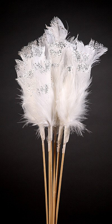 Set of 6 silver glittered white feathers on sticks  34cm