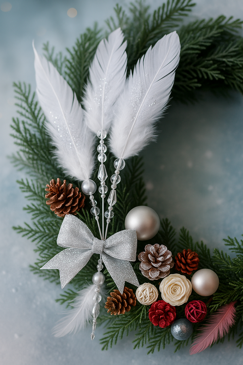 Silver feather with cristalls on stick