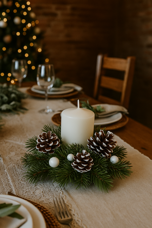 Świąteczny stroik ze świecą, szyszki, perełki, 12 cm – dekoracja, prezent, Boże Narodzenie