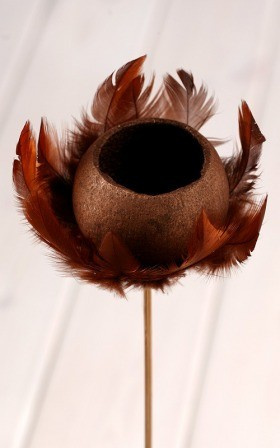 Bell cup on stick with feathers, brown