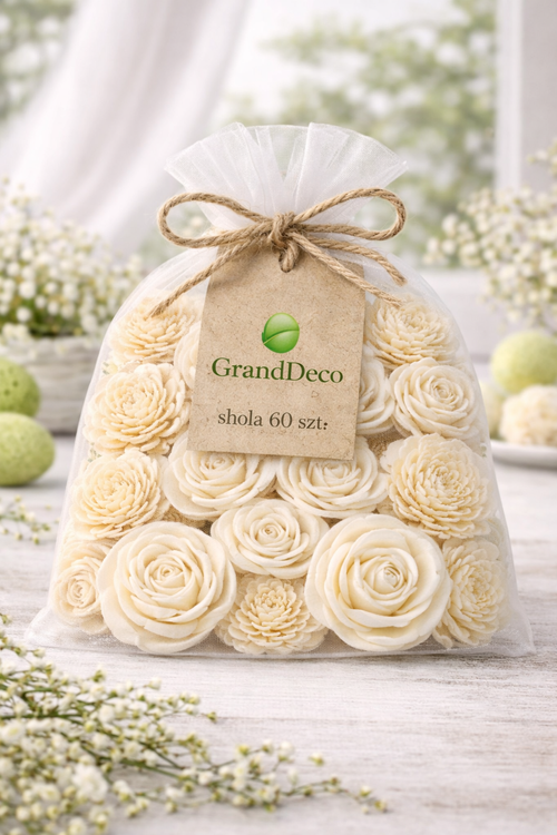  Kwiaty shola z manioku – kość słoniowa | 30 szt. 4–6 cm | Róża & Stokrotka | Kolekcja GrandDeco