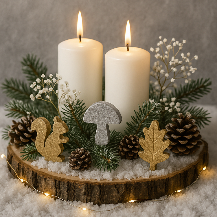 Zestaw DIY „Zimowy Las” – drewniane figurki złote i srebrne + śnieg + szyszki