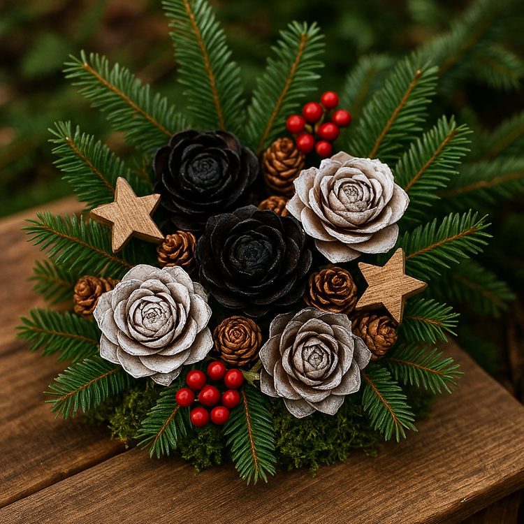 Cedar Wood Roses 6 pcs./pack heads green, silver, brown