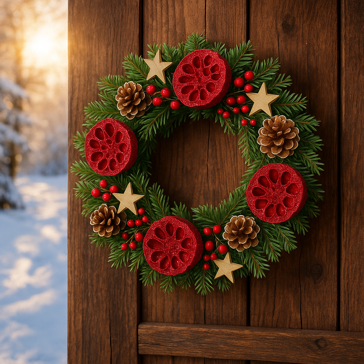 Lotos czerwony 6–8 cm (6 szt.) – dekoracyjny kwiat z brokatem, świąteczne ozdoby do stroików i wieńców