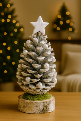 Christmas decoration, pine cone with pearls on a wooden base 8-20 cm