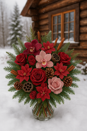 Okazały bukiet świąteczny 60 cm – iglaste gałązki, róże, storczyki, gwiazda betlejemska, szyszki, lotosy i cynamon