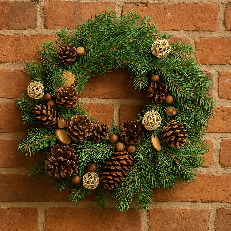 Ein Kranz aus frischen Fichtennadeln mit Winteraccessoires, 30 cm