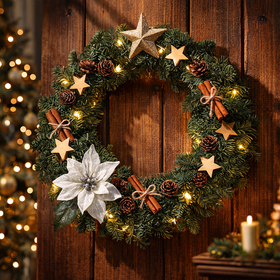 A wreath of artificial spruce decorated with LED lights diameter 30 cm