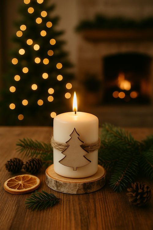 Christmas candle Candle with a Christmas tree on natural wood