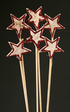 Birch stars on stick, 6 pcs/pkg, red