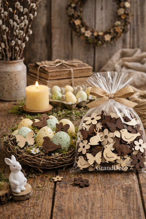 BAW SIĘ Z NAMI KOLORAMI – 48 szt. Drewniane Ozdoby 2–3 cm | Brąz & Natura | GrandDeco