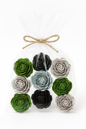 Cedar Wood Roses 6 pcs./pack heads green, silver, brown