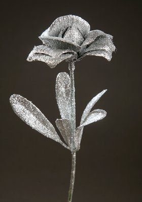ROSE WITH GLACES flower branch artificial leaf SILVER 28cm